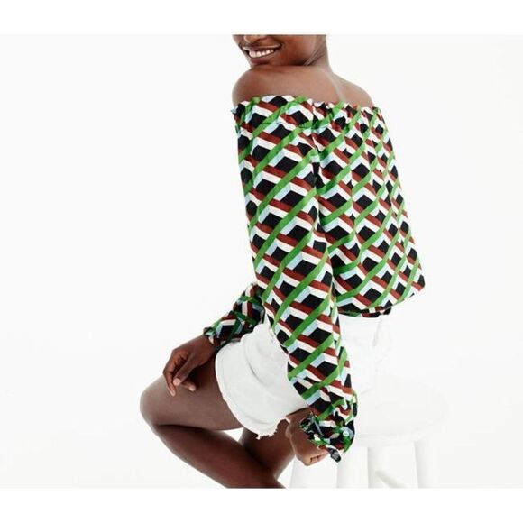 J.Crew  Off The Shoulder In Ratti Graphic Diamond Blouse Green Brown Size S - Picture 3 of 12